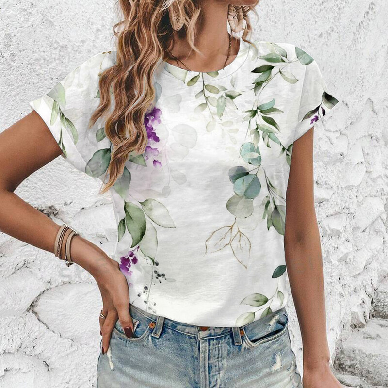 2024 Нова лятна дамска тениска с флорален принт, дамско облекло с къс ръкав и кръгло деколте, тениска с големи размери, удобна горна тениска S-3XL