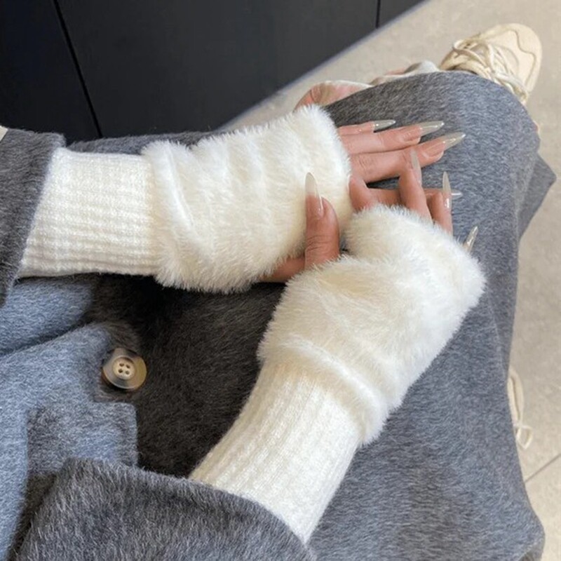 Ūdeles vilna, mīksta ziemas puspirksta cimdi Sievietēm silti, grezni, masīvi balti plīša adīti cimdi bez pirkstiem Rokas cimdi Rakstāmie