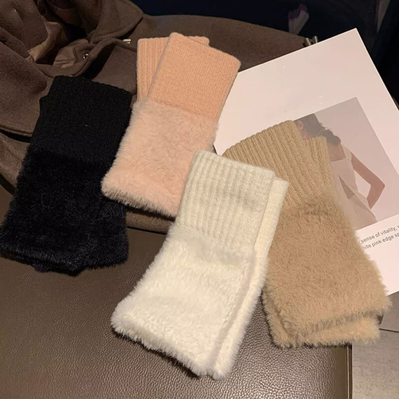 Ūdeles vilna, mīksta ziemas puspirksta cimdi Sievietēm silti, grezni, masīvi balti plīša adīti cimdi bez pirkstiem Rokas cimdi Rakstāmie