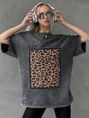 Tricou spălat din bumbac pentru femei New Attitude Fashion Imprimeuri leopard Topuri largi, cu gâtul O, cu mânecă scurtă supradimensionată, Y2k, haine pentru femei