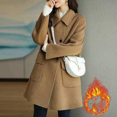 Rudens ziema jauns kokvilnas biezināts vilnas mētelis sieviešu korejiešu versijas slaids, vidēji garš vienkrāsains vilnas mētelis