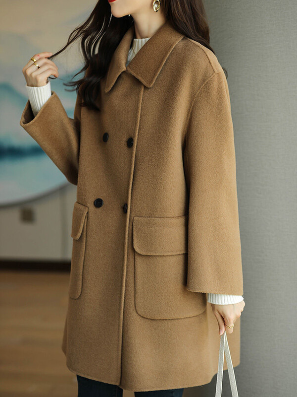 Rudens ziema jauns kokvilnas biezināts vilnas mētelis sieviešu korejiešu versijas slaids, vidēji garš vienkrāsains vilnas mētelis