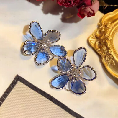 Modes Sudraba Krāsa Zila Kristāla Ziedu Auskari Atvērti Gredzens Piespraudes Sieviešu Aksesuāri Saldas meiteņu ballītes Rotaslietas Dāvanas