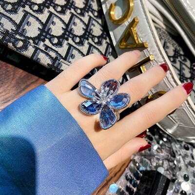 Modes Sudraba Krāsa Zila Kristāla Ziedu Auskari Atvērti Gredzens Piespraudes Sieviešu Aksesuāri Saldas meiteņu ballītes Rotaslietas Dāvanas