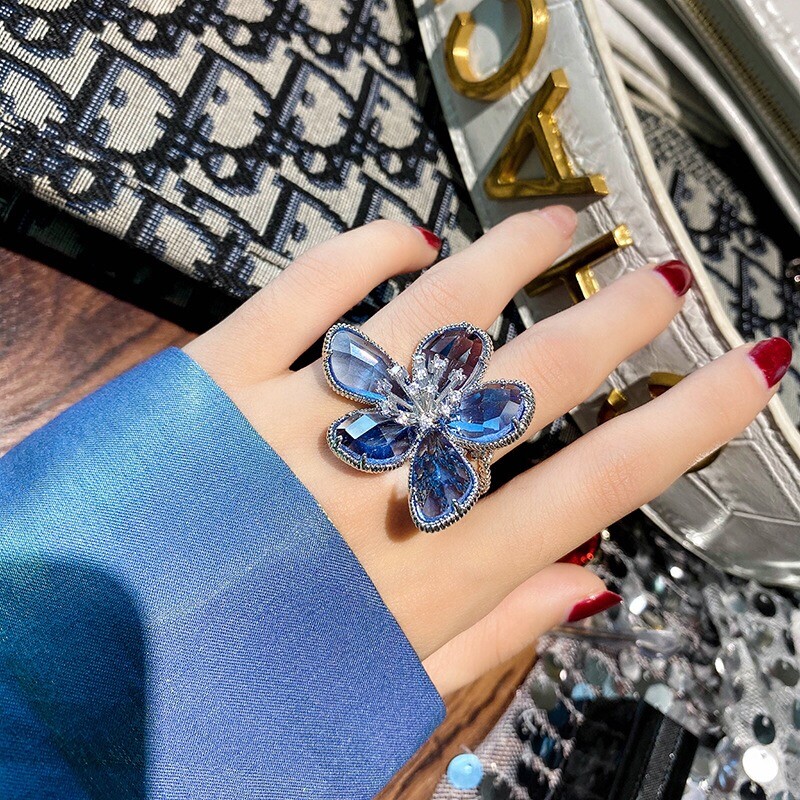 Modes Sudraba Krāsa Zila Kristāla Ziedu Auskari Atvērti Gredzens Piespraudes Sieviešu Aksesuāri Saldas meiteņu ballītes Rotaslietas Dāvanas