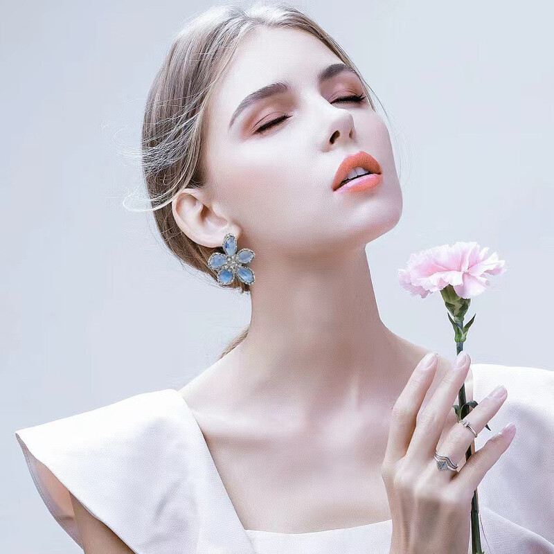 Modes Sudraba Krāsa Zila Kristāla Ziedu Auskari Atvērti Gredzens Piespraudes Sieviešu Aksesuāri Saldas meiteņu ballītes Rotaslietas Dāvanas