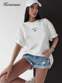 Hirsionsan Нови дамски памучни тениски с графични щампи Дамски големи ежедневни меки тениски в цвят каки, унисекс, летни топове с къс ръкав