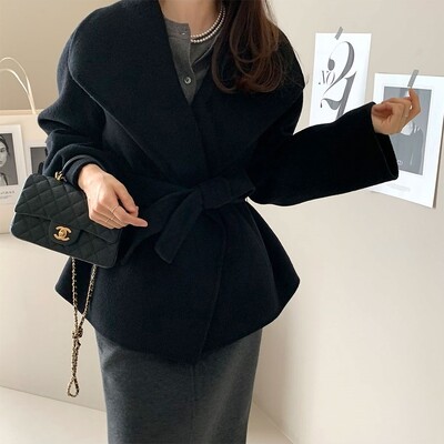 [EWQ] Liela nolaižama apkakle ar garām piedurknēm Divpusējs kašmira mētelis, mežģīnes, eleganti sieviešu ziemas vilnas mēteļi, 2024. gada rudens, jauns 16O2400