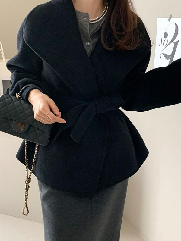 [EWQ] Liela nolaižama apkakle ar garām piedurknēm Divpusējs kašmira mētelis, mežģīnes, eleganti sieviešu ziemas vilnas mēteļi, 2024. gada rudens, jauns 16O2400