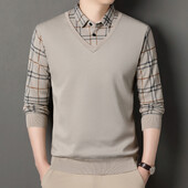 Vīriešu ziemas džemperis samta džemperis vienkrāsains, pieguļošs elegants, grezns zīmols viltoti divu gabalu trikotāžas džemperi