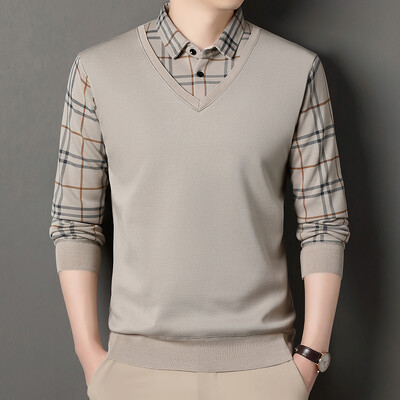 Vīriešu ziemas džemperis samta džemperis vienkrāsains, pieguļošs elegants, grezns zīmols viltoti divu gabalu trikotāžas džemperi