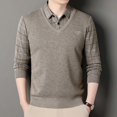 Vīriešu ziemas džemperis samta džemperis vienkrāsains, pieguļošs elegants, grezns zīmols viltoti divu gabalu trikotāžas džemperi