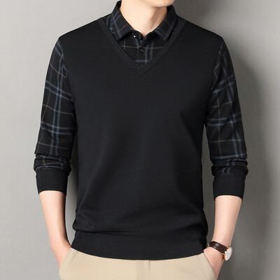 Vīriešu ziemas džemperis samta džemperis vienkrāsains, pieguļošs elegants, grezns zīmols viltoti divu gabalu trikotāžas džemperi