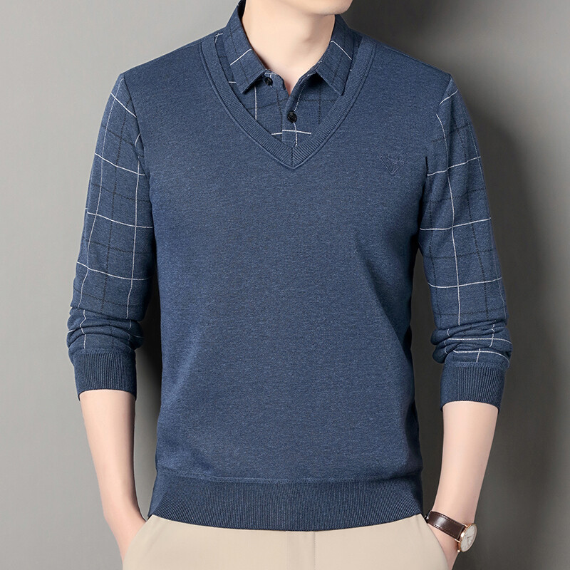 Vīriešu ziemas džemperis samta džemperis vienkrāsains, pieguļošs elegants, grezns zīmols viltoti divu gabalu trikotāžas džemperi