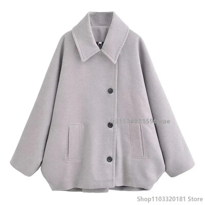 Modes vilnas jaka sievietēm 2024. gada pavasara mēteļi ar garām piedurknēm, sieviešu eleganti lielizmēra, eleganti ielas virsdrēbes