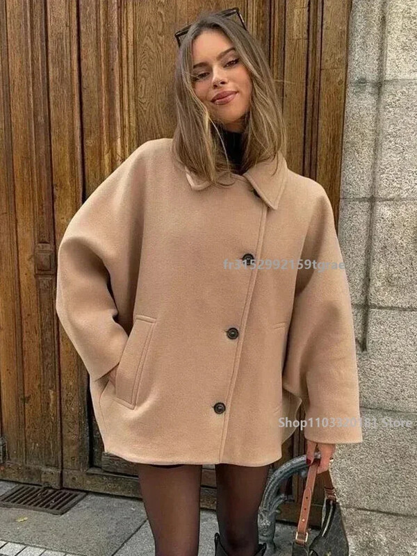 Modes vilnas jaka sievietēm 2024. gada pavasara mēteļi ar garām piedurknēm, sieviešu eleganti lielizmēra, eleganti ielas virsdrēbes