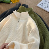 Rudens ziemas pusrāvējslēdzēja džemperis vīriešiem trikotāžas biezināts vintage vienkrāsains Ērts modes vīriešu apģērbu džemperis