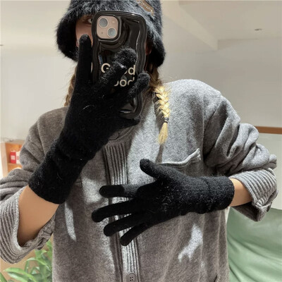 Küüliku karusnahast pikad kindad naistele talvised paksud kootud soojad korea armsad ühevärvilised labakindad kaitsevarre külmavastased väliskindad