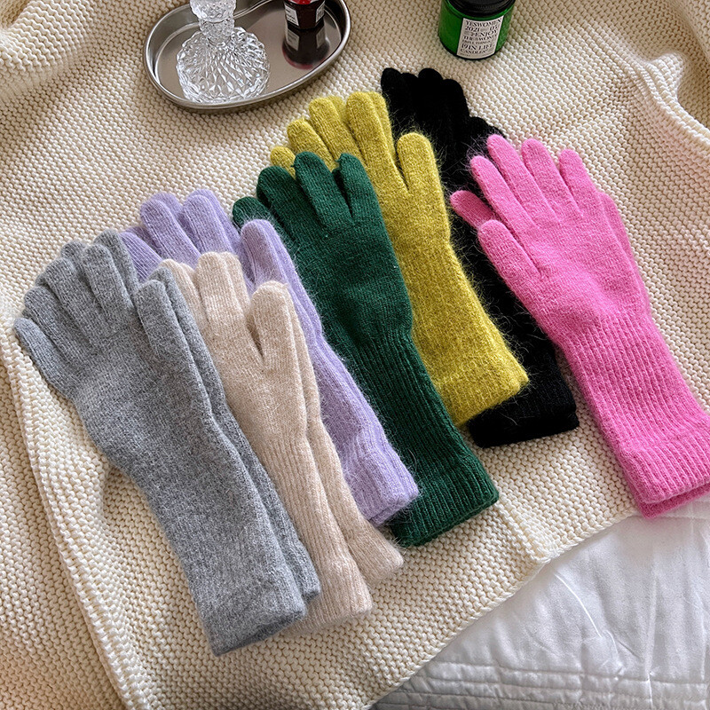 Küüliku karusnahast pikad kindad naistele talvised paksud kootud soojad korea armsad ühevärvilised labakindad kaitsevarre külmavastased väliskindad