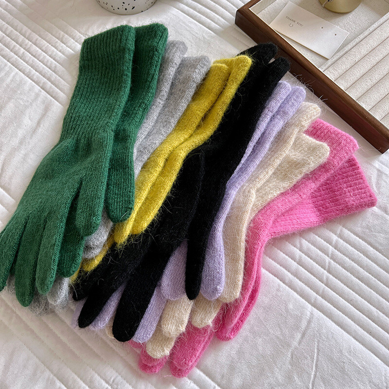 Küüliku karusnahast pikad kindad naistele talvised paksud kootud soojad korea armsad ühevärvilised labakindad kaitsevarre külmavastased väliskindad