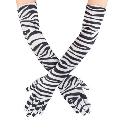 Жени Сатен Мода Личност Zebra Print Elasticity Holiday Party Слънцезащитен крем Drive Ride Long Gloves Bar Dance Cosplay