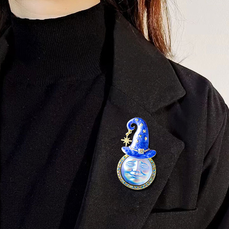 Luksuzni broševi za sunčano lice s dijamantima za žene Unisex Vintage Palace Emajl Plavi šešir Božja figura Broš Igle Party Uredski darovi