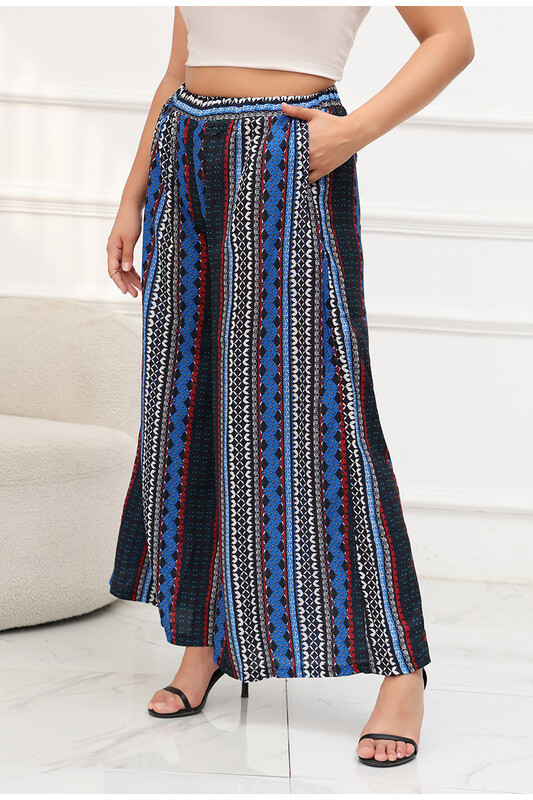 Sieviešu lielizmēra vecākā dizaina modes tendences platas bikses svītras zilas elastīgas jostasvietas bikses pludmales brīvdienu pludmales bikses