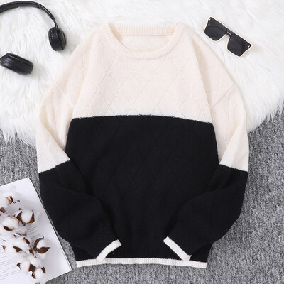 Пуловер с кариран пуловер в контрастен цвят Ежедневен пуловер с кръгло деколте Плетен мъжки пуловер в контрастен цвят