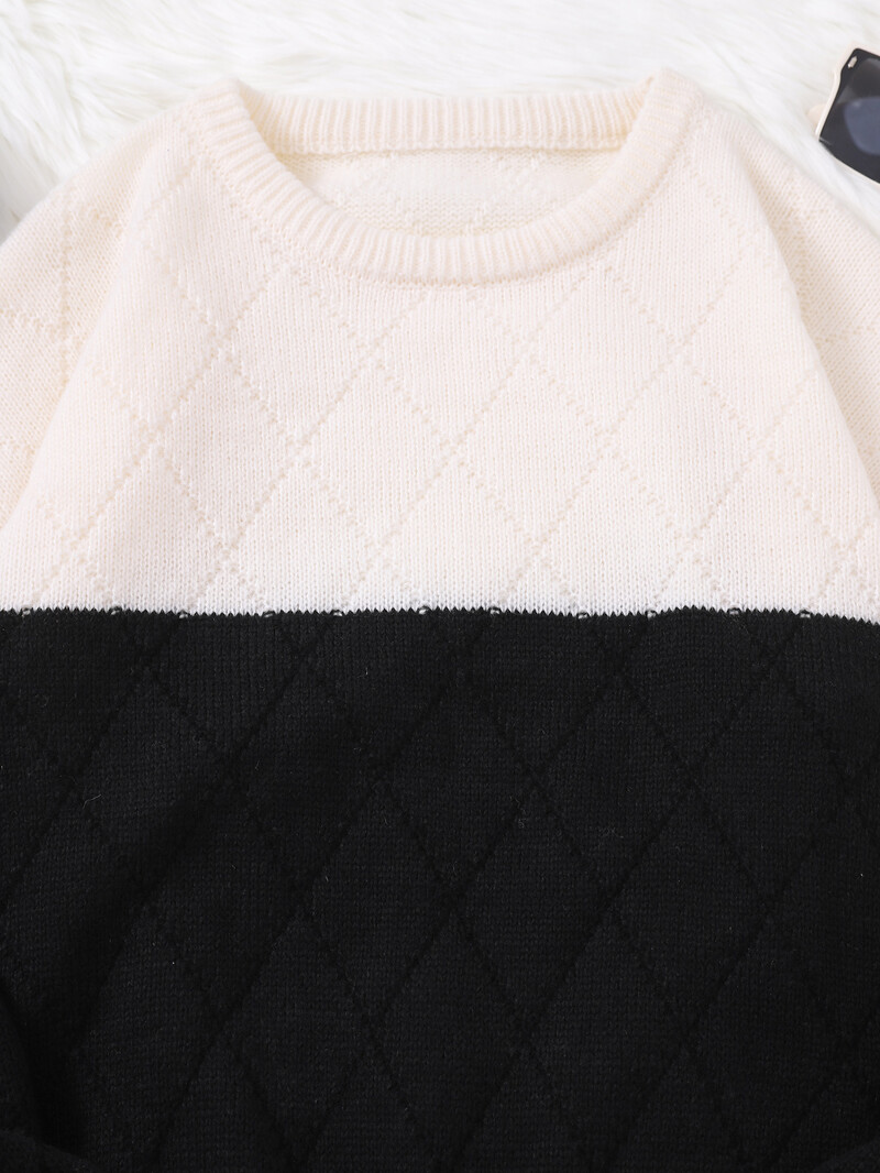 Пуловер с кариран пуловер в контрастен цвят Ежедневен пуловер с кръгло деколте Плетен мъжки пуловер в контрастен цвят