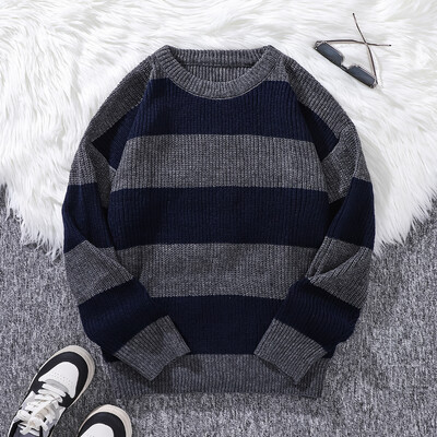 Jauns, brīvs džemperis ikdienas daudzpusīgs, svītrains džemperis vīriešiem ar apaļu kaklu