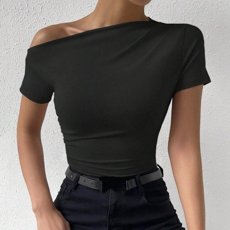 Дамска тениска Леки дамски топове Дамска тениска с изкривена яка Дамска лятна тениска Стилна тениска с блузи и къси ръкави