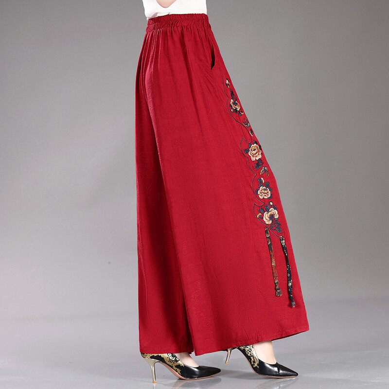 Izvezene ženske hlače širokih nogavica Ljetna moda 2024. Suknja s konjskim licem Hlače s izvezenim cvjetovima Hlače veće veličine