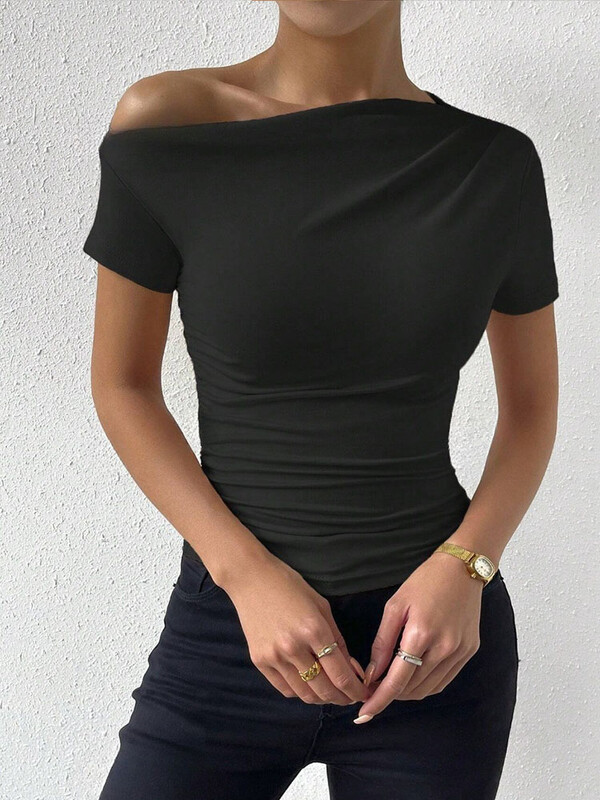 Ženska majica kratkih rukava s naborima na jedno rame Ljetna modna ležerna jednobojna majica uskog kroja Ulična odjeća 2024.