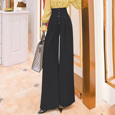 Sieviešu apģērbi Pavasaris Elegants Modes Augsts viduklis Plats Kāju Uzvalks Bikses Biroja Sieviešu Biznesa Ikdienišķas Melnas Plānas Bikses Pantalones