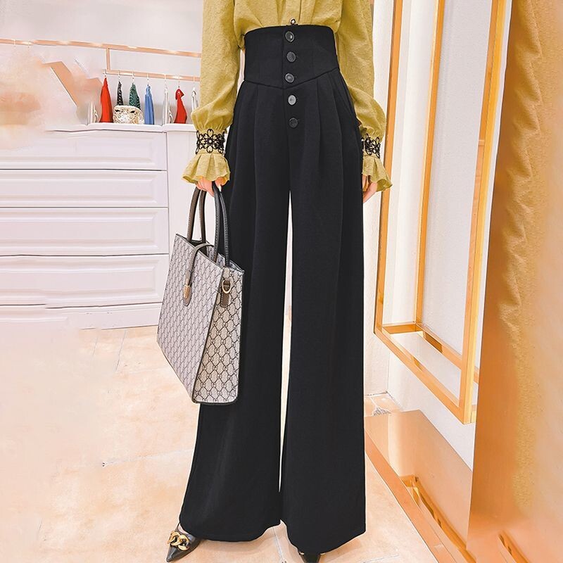 Sieviešu apģērbi Pavasaris Elegants Modes Augsts viduklis Plats Kāju Uzvalks Bikses Biroja Sieviešu Biznesa Ikdienišķas Melnas Plānas Bikses Pantalones