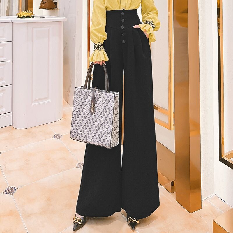 Sieviešu apģērbi Pavasaris Elegants Modes Augsts viduklis Plats Kāju Uzvalks Bikses Biroja Sieviešu Biznesa Ikdienišķas Melnas Plānas Bikses Pantalones