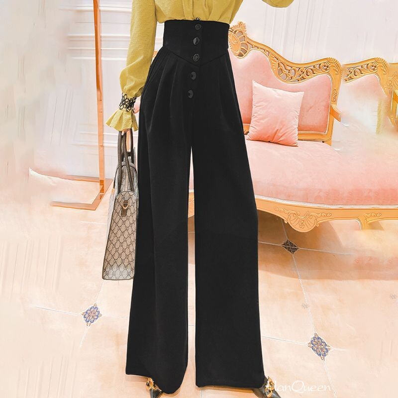 Sieviešu apģērbi Pavasaris Elegants Modes Augsts viduklis Plats Kāju Uzvalks Bikses Biroja Sieviešu Biznesa Ikdienišķas Melnas Plānas Bikses Pantalones