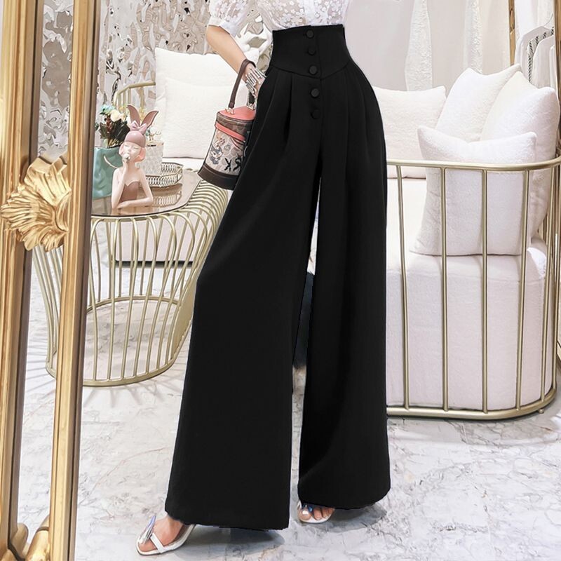Sieviešu apģērbi Pavasaris Elegants Modes Augsts viduklis Plats Kāju Uzvalks Bikses Biroja Sieviešu Biznesa Ikdienišķas Melnas Plānas Bikses Pantalones