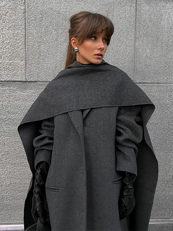 Klasisks, retro pelēks, garš sieviešu mētelis ar šalli Modes ikdienas brīvi vienkrāsaini mēteļi ziemas apkakles sieviešu virsdrēbes