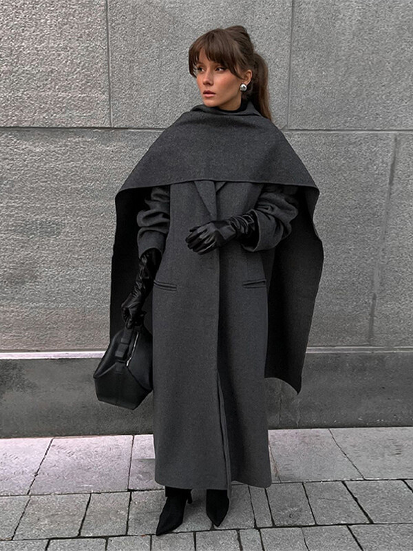 Klasisks, retro pelēks, garš sieviešu mētelis ar šalli Modes ikdienas brīvi vienkrāsaini mēteļi ziemas apkakles sieviešu virsdrēbes
