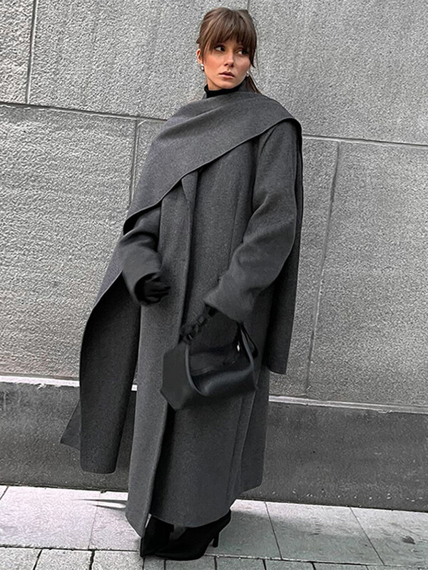 Klasisks, retro pelēks, garš sieviešu mētelis ar šalli Modes ikdienas brīvi vienkrāsaini mēteļi ziemas apkakles sieviešu virsdrēbes
