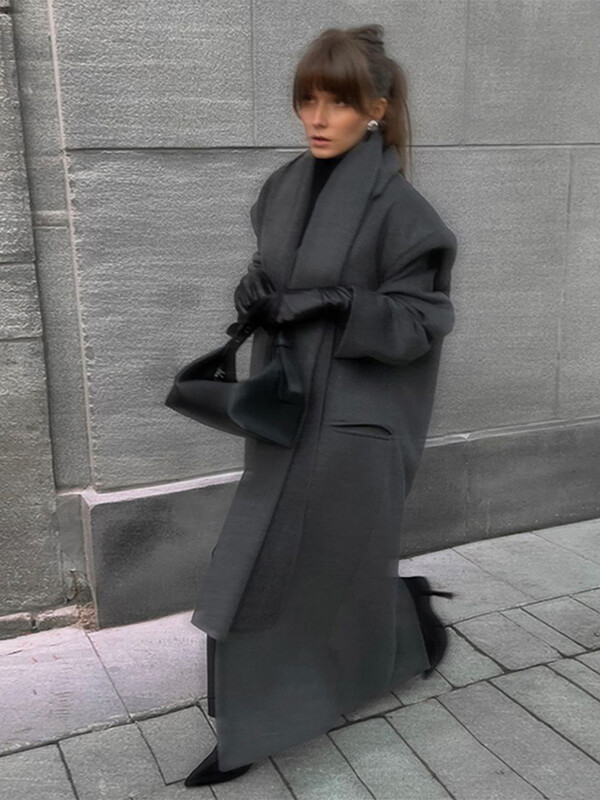 Klasisks, retro pelēks, garš sieviešu mētelis ar šalli Modes ikdienas brīvi vienkrāsaini mēteļi ziemas apkakles sieviešu virsdrēbes