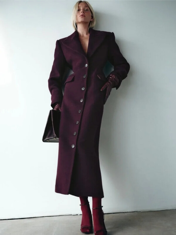 Elegantni bordo crveni vuneni kaput na rever s jednim kopčanjem Ženska modna jakna visokog struka s lažnim džepovima Duga jakna Ženska gornja odjeća za putovanje na posao