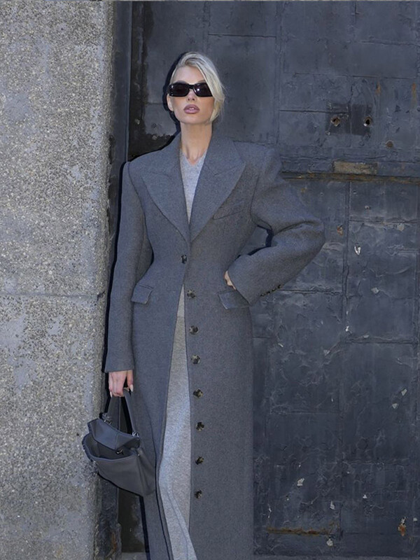 Elegantni bordo crveni vuneni kaput na rever s jednim kopčanjem Ženska modna jakna visokog struka s lažnim džepovima Duga jakna Ženska gornja odjeća za putovanje na posao