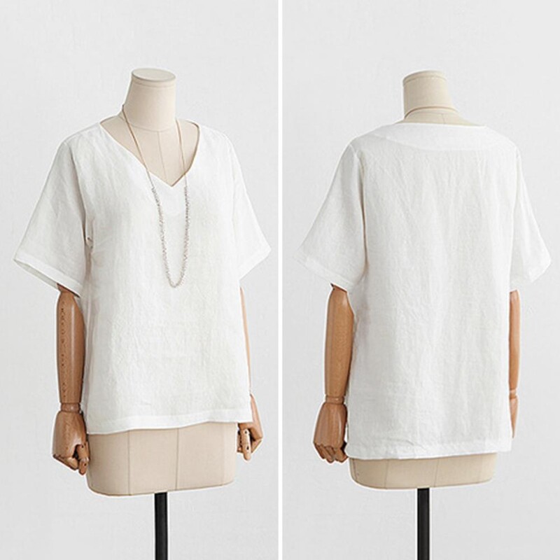 Suvine naiste T-särk V-kaelusega lühikeste varrukatega t-särk ühevärviline lahtine külgservaga T-särk Tänavarõivad