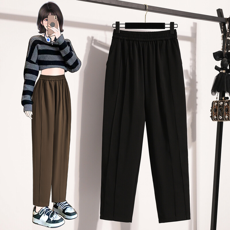 Liela izmēra bikses sievietēm 2024. gada rudens, jauns, moderns brūns, melns ar augstu elastīgu jostasvietu, liela izmēra sieviešu uzvalks bikses, bikses, karstā izpārdošana