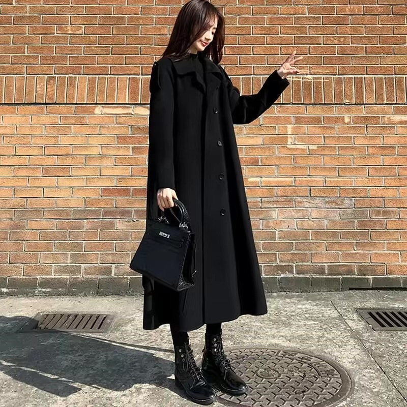 Rudens un ziema sieviešu vidēji gari mētelis sieviešu biezāks ar garām piedurknēm vilnas maisījuma jaka korejiešu sieviešu brīvi vilnas virsdrēbes