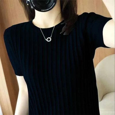 Pavasaris Vasara Sieviešu džemperi ar īsām piedurknēm Korejiešu modes trikotāža Slim Fit apakšā krekli Ikdienas O veida kakla Puloveri Trikotāžas Topi