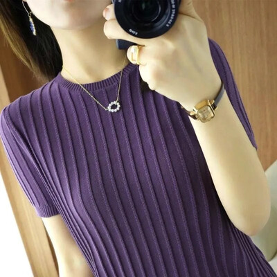 Pavasaris Vasara Sieviešu džemperi ar īsām piedurknēm Korejiešu modes trikotāža Slim Fit apakšā krekli Ikdienas O veida kakla Puloveri Trikotāžas Topi