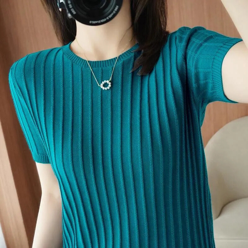 Pavasaris Vasara Sieviešu džemperi ar īsām piedurknēm Korejiešu modes trikotāža Slim Fit apakšā krekli Ikdienas O veida kakla Puloveri Trikotāžas Topi